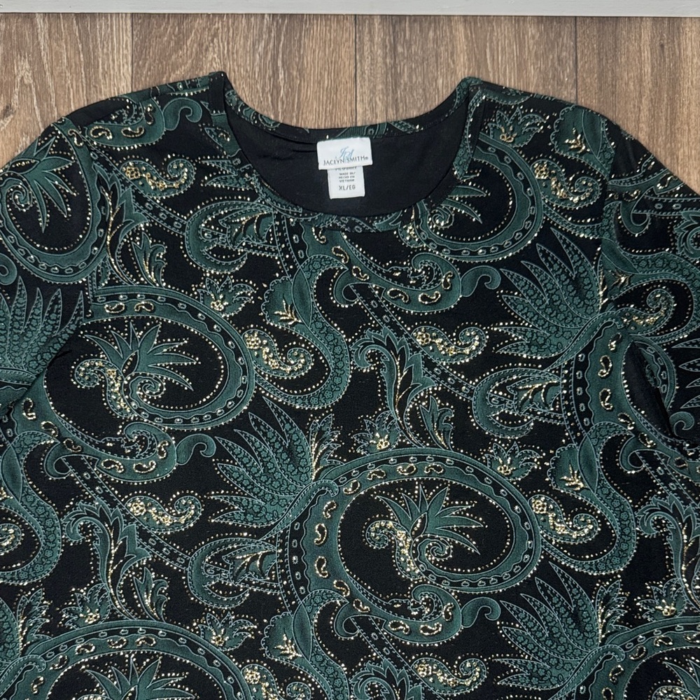 Jaclyn Smith Black and Green Paisley Short Sleeve Top Women’s Size XL - Picture 8 of 13